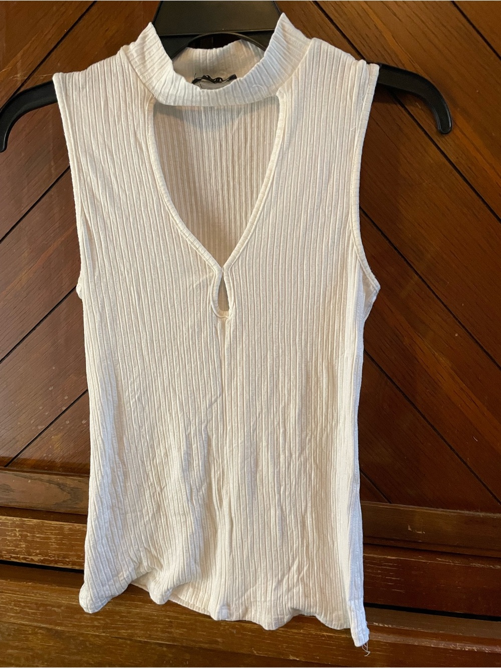 Timing White Ribbed Sleeveless Keyhole Mock Neck Tank